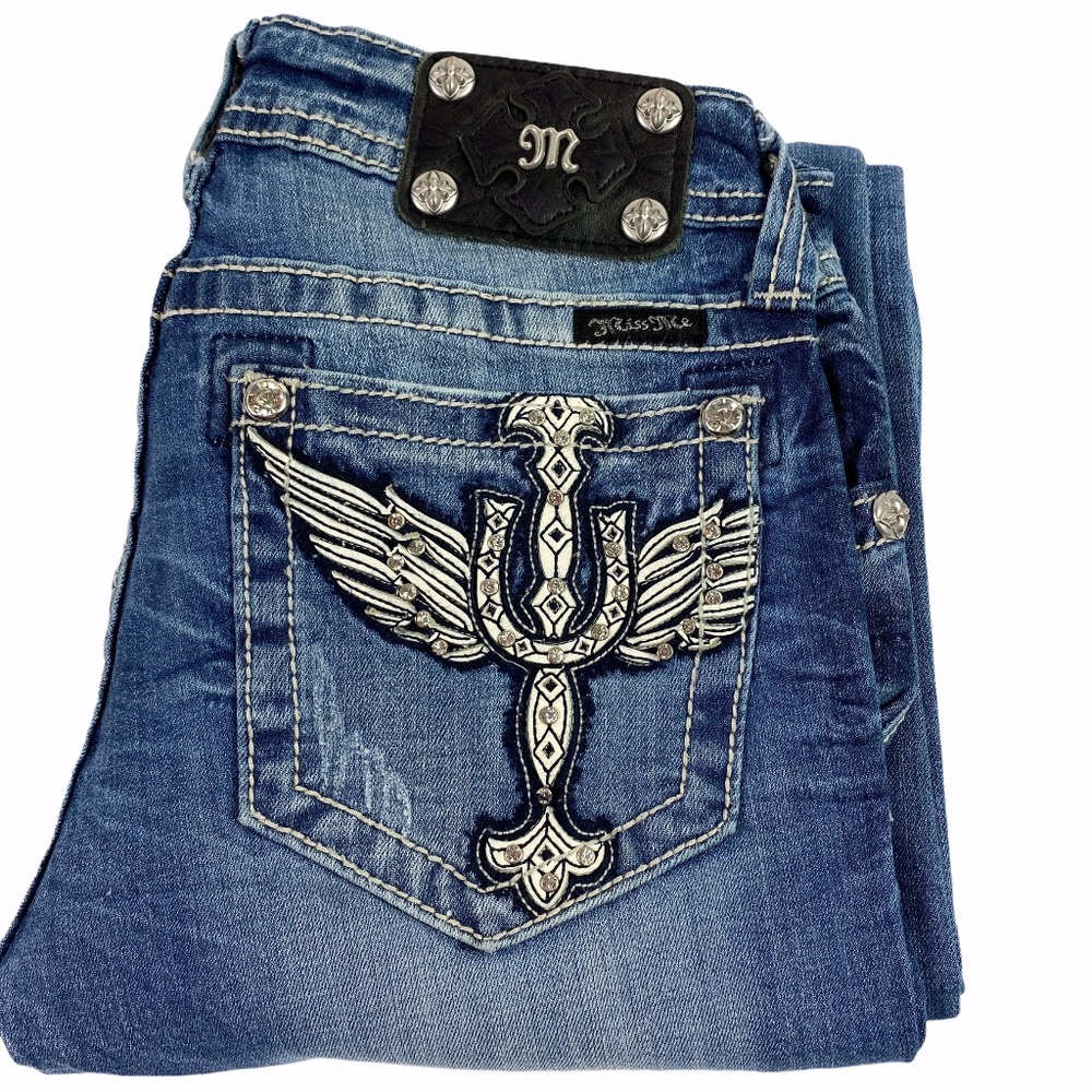 MISS ME Jeans Sz 28 Mid-Rise Boot Med Wash Wings